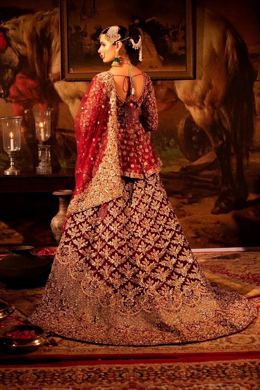 Maroon peplum with Trail Lehenga Set.