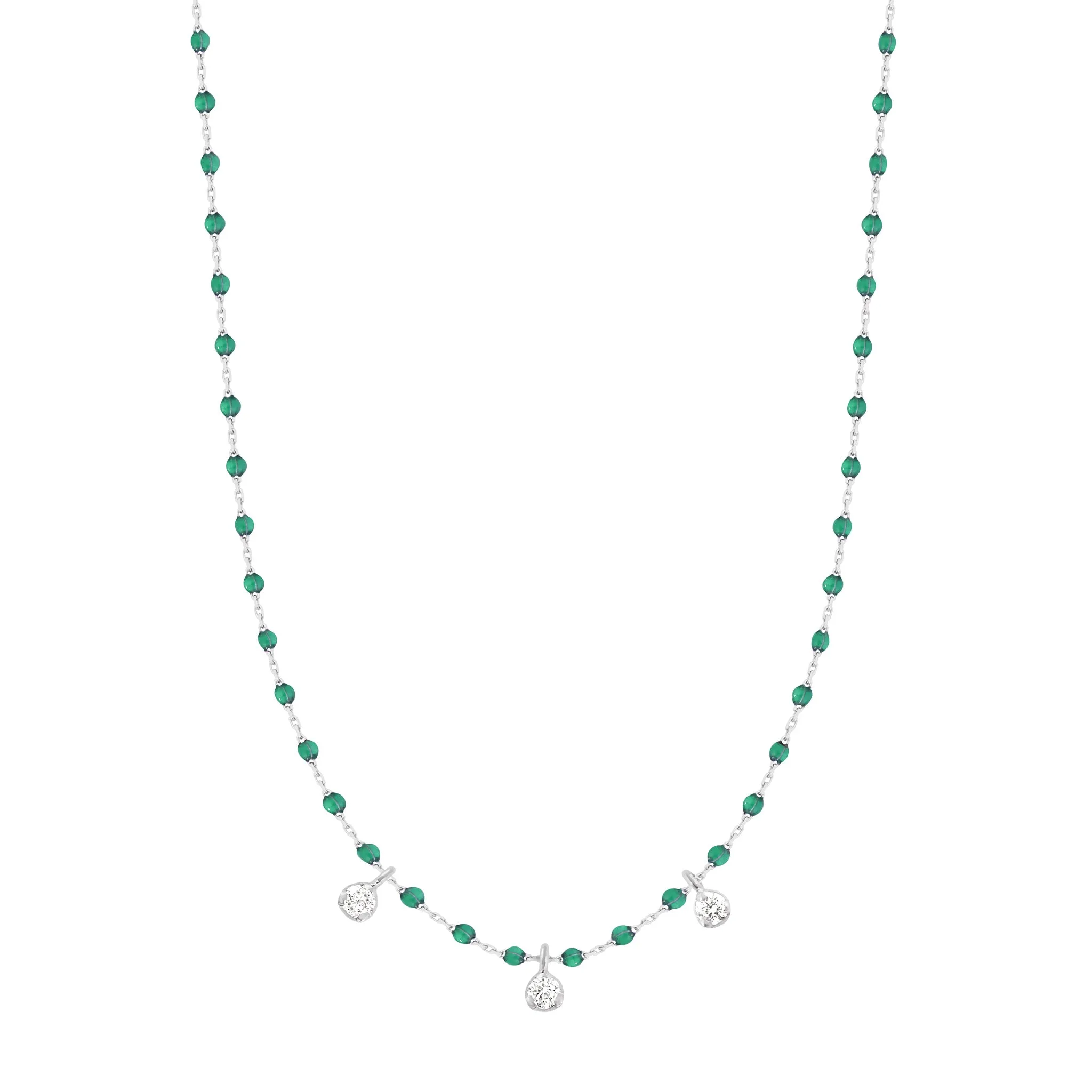 Mini Gigi Emerald necklace, White Gold 3 diamond, 16.5"