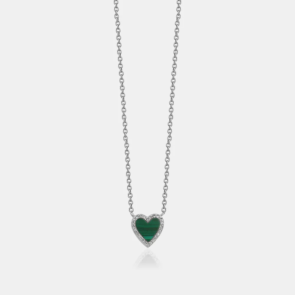 Mini Malachite Diamond Border Heart Necklace