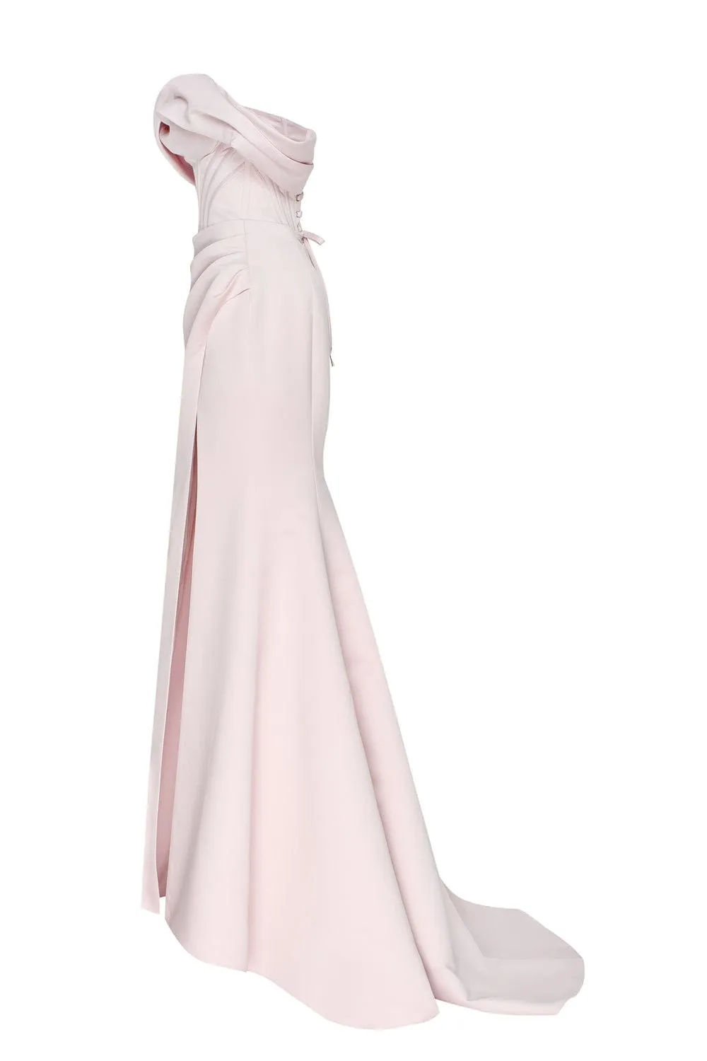 Misty Rose Princess strapless gown with thigh slit