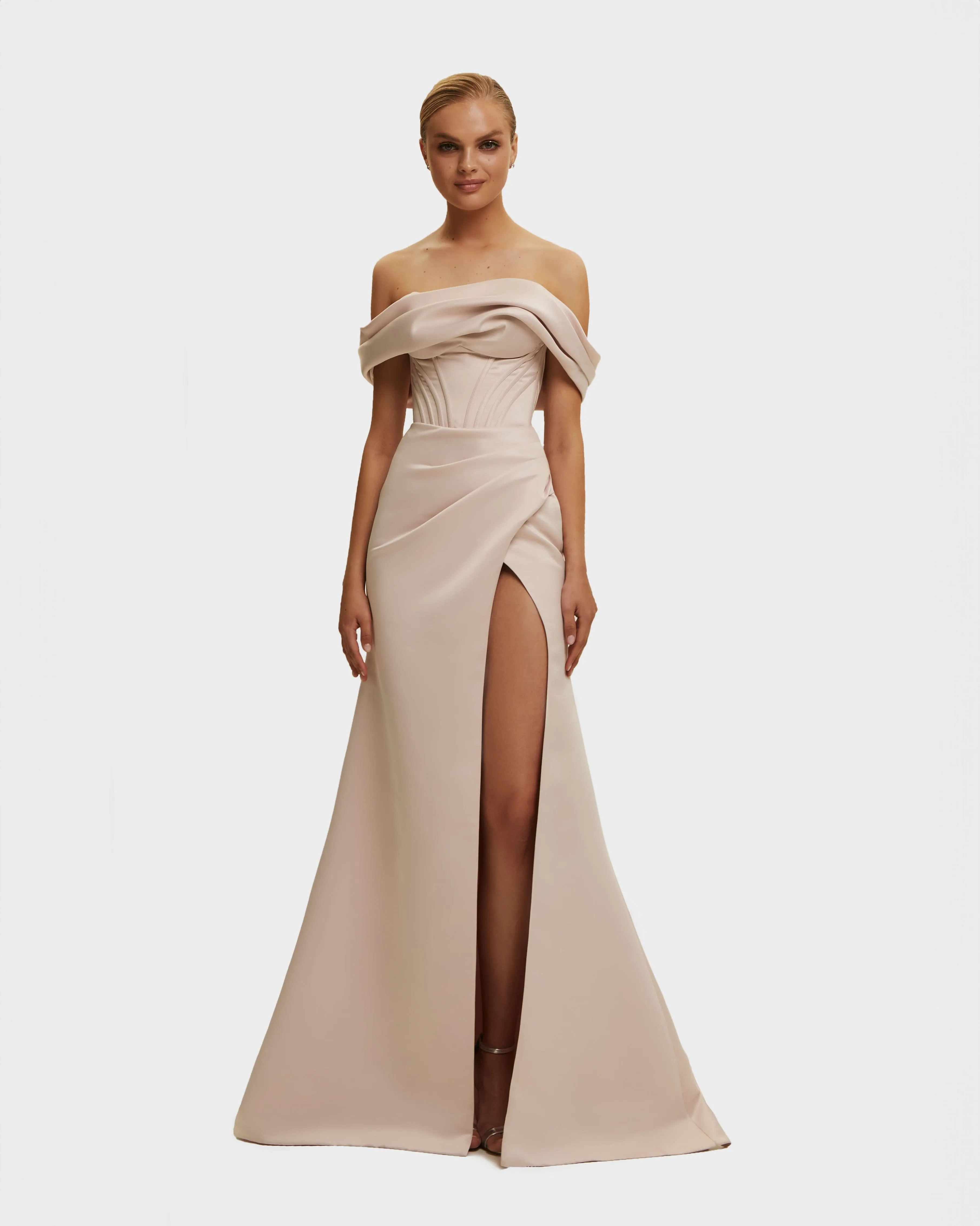 Misty Rose Princess strapless gown with thigh slit