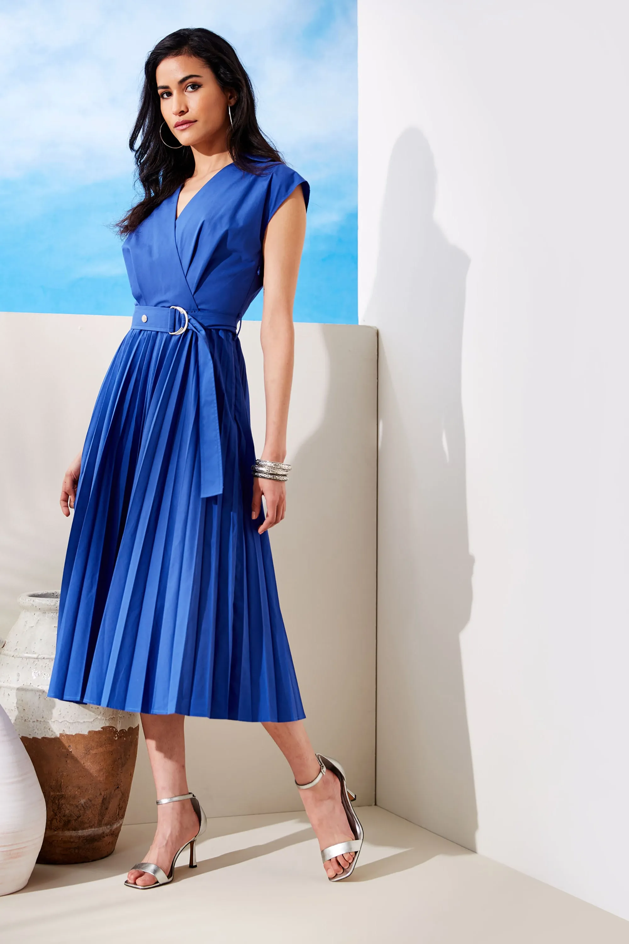 Mock Wrap Pleated Shirt Dress