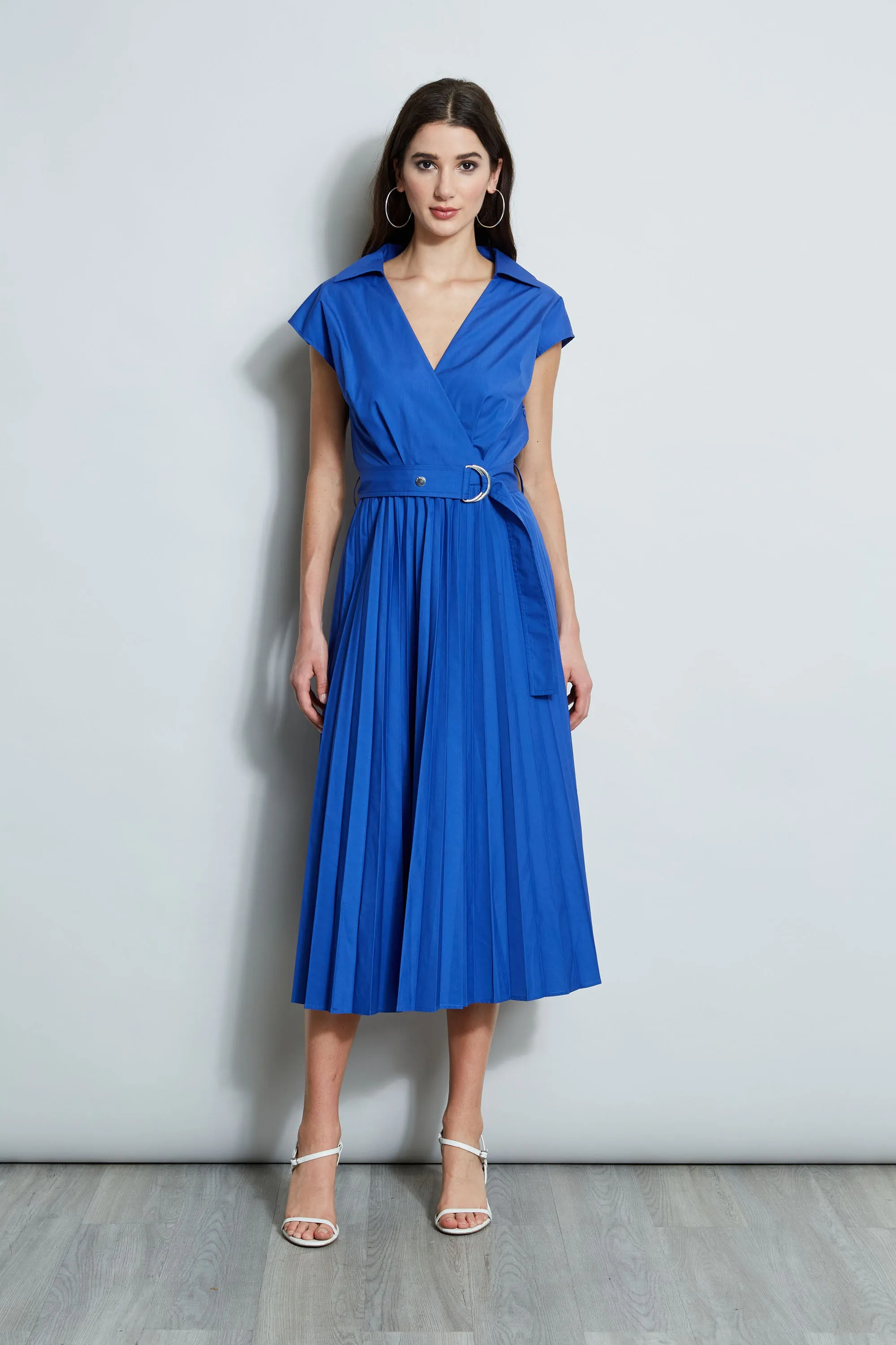 Mock Wrap Pleated Shirt Dress