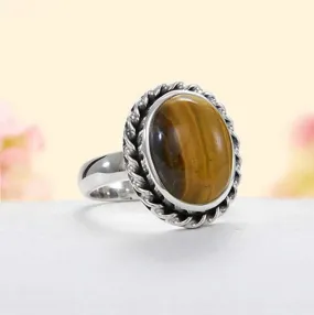 Natural Tiger-Eye Semi Precious Stone Boho Silver Ring,Oval Cabochon Ring,925 Sterling Silver Ring,Bride Ring,Anniversary Gift Item Ring