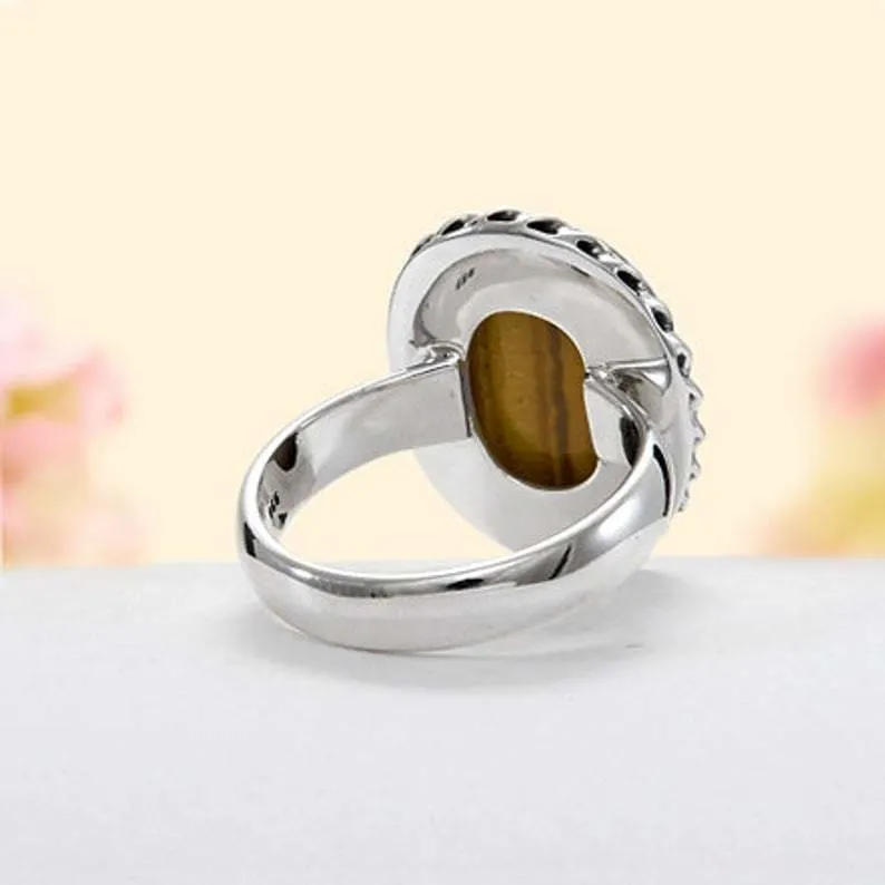 Natural Tiger-Eye Semi Precious Stone Boho Silver Ring,Oval Cabochon Ring,925 Sterling Silver Ring,Bride Ring,Anniversary Gift Item Ring