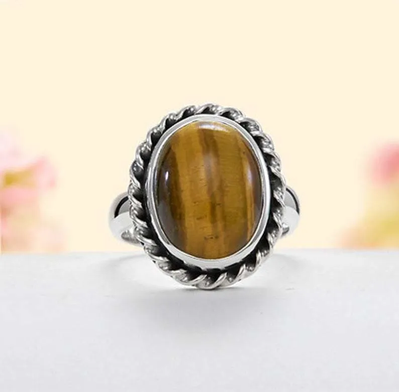 Natural Tiger-Eye Semi Precious Stone Boho Silver Ring,Oval Cabochon Ring,925 Sterling Silver Ring,Bride Ring,Anniversary Gift Item Ring