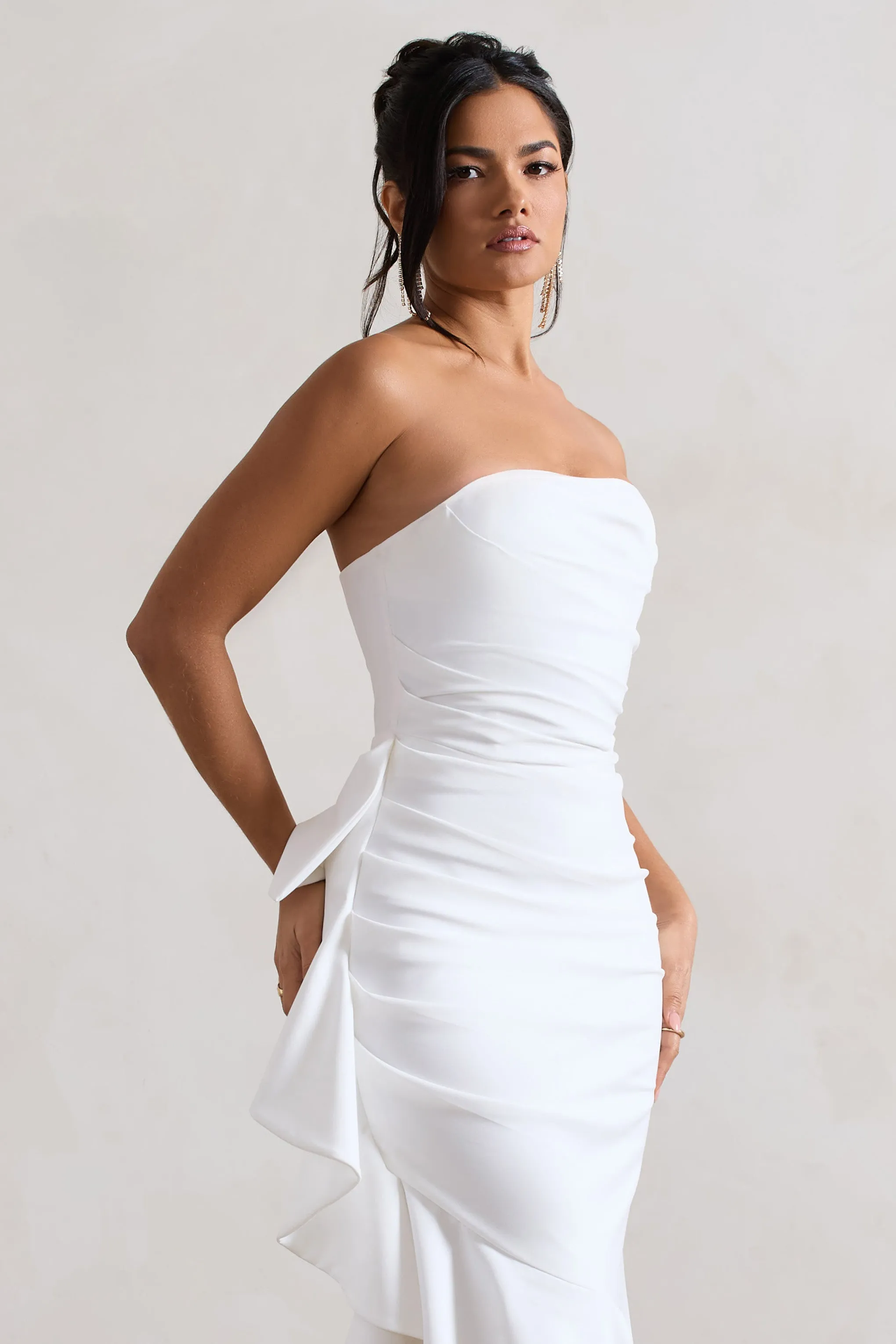 New Age | White Strapless Asymmetric Ruffled Maxi Dress