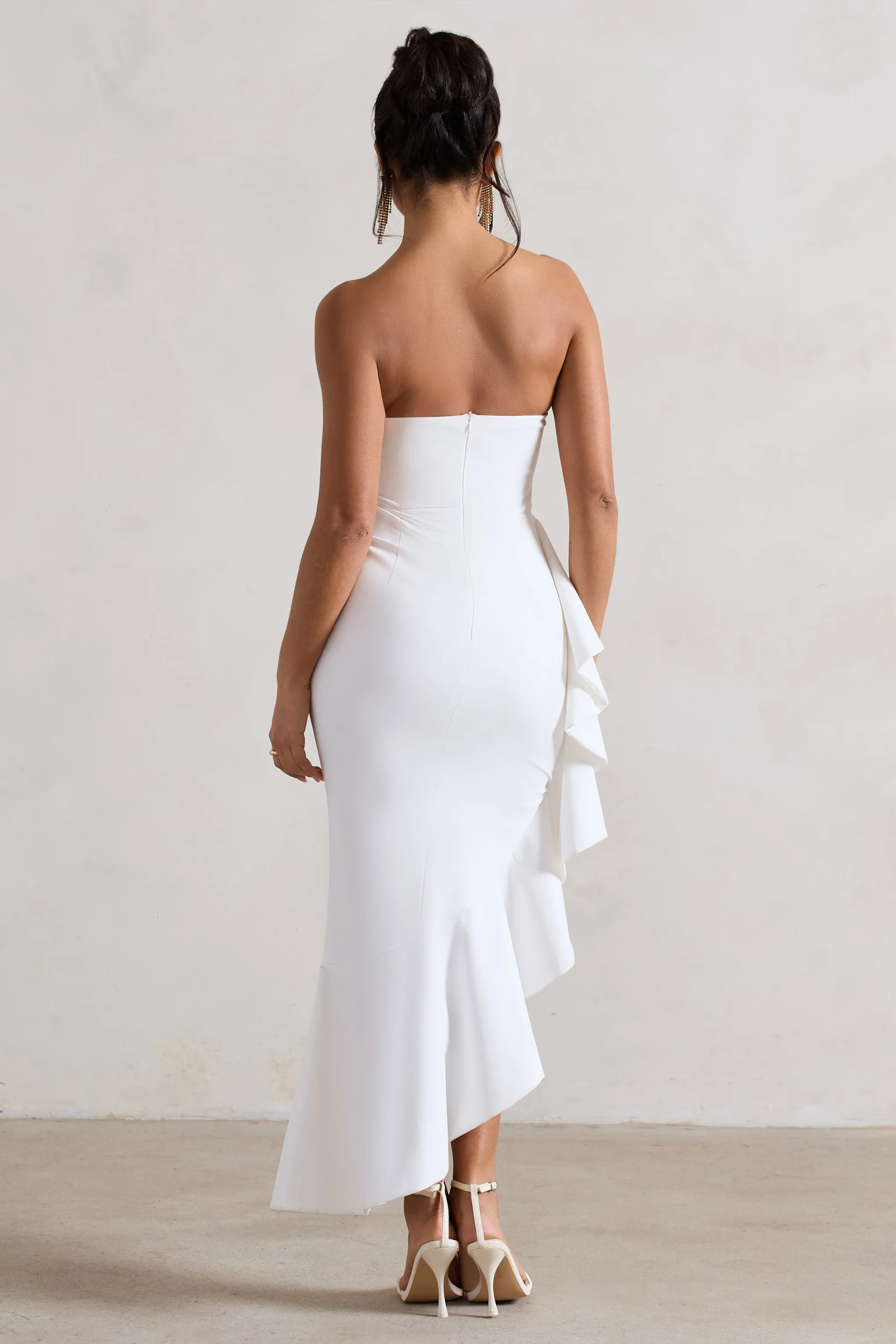 New Age | White Strapless Asymmetric Ruffled Maxi Dress