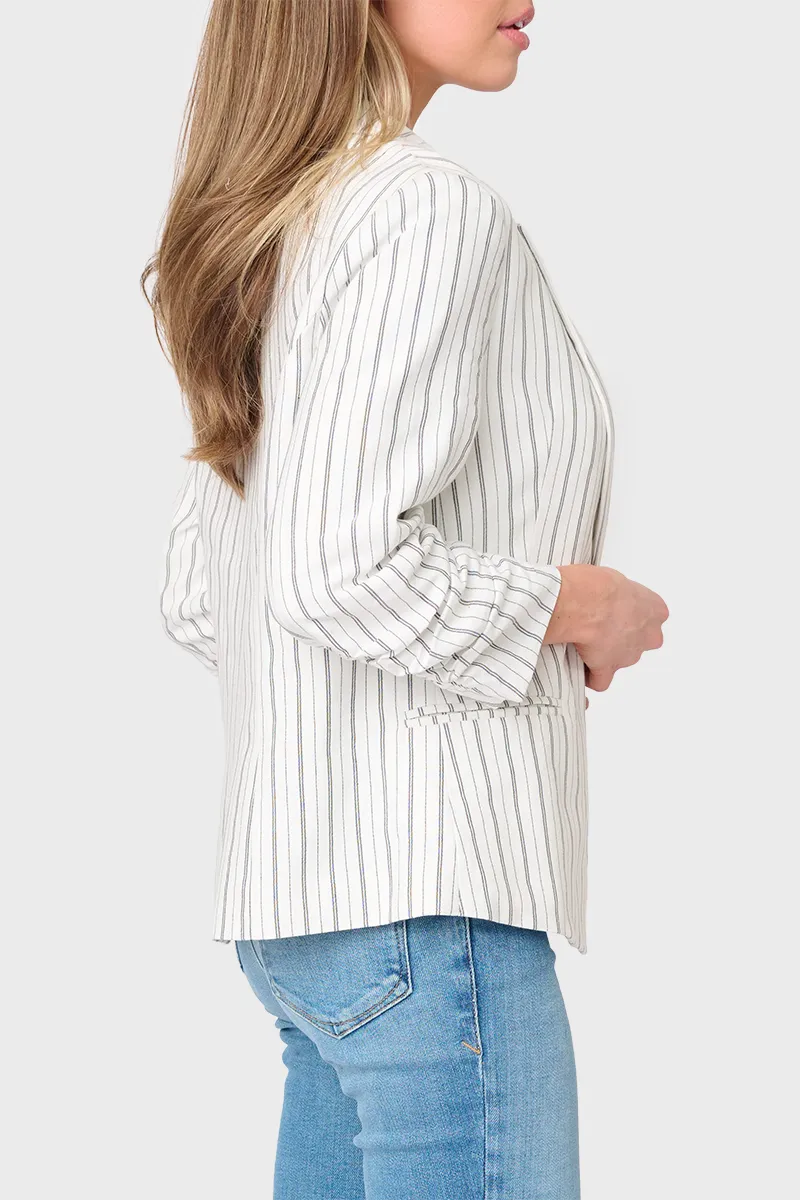 Notch Collar Pinstripe Linen Blazer with Rouched Sleeve