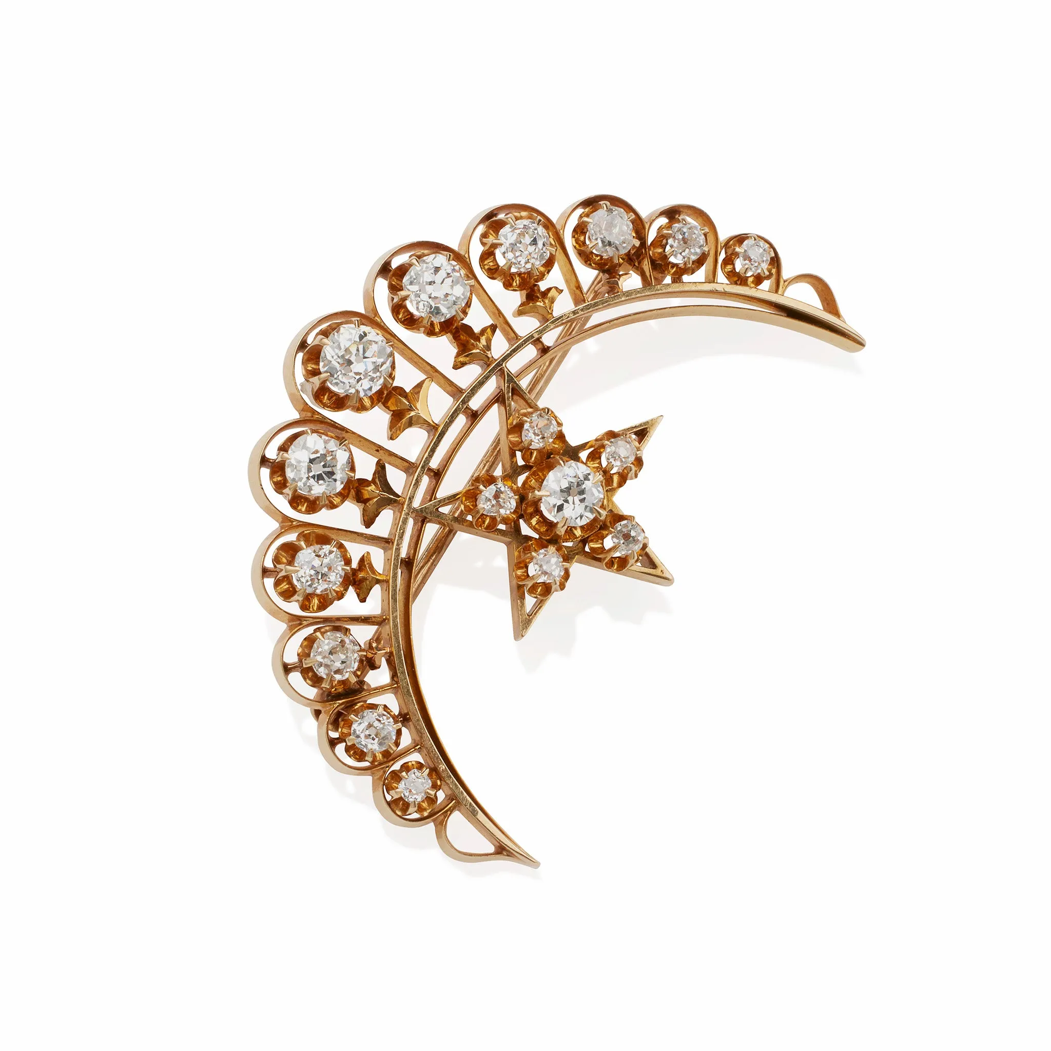 Old Mine-cut Diamond Star and Crescent New Moon Brooch