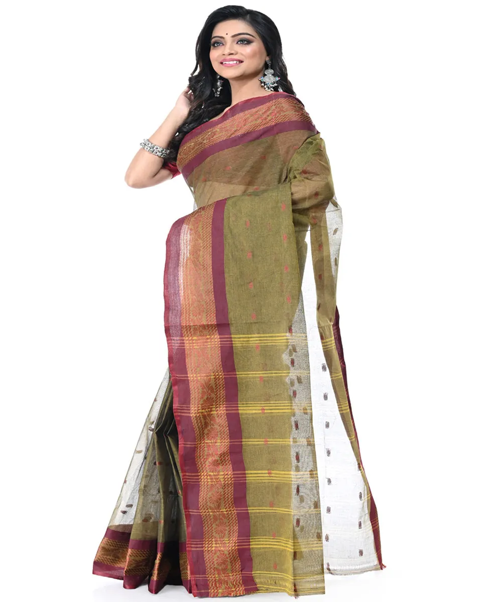 Olive green maroon handwoven cotton tangail saree