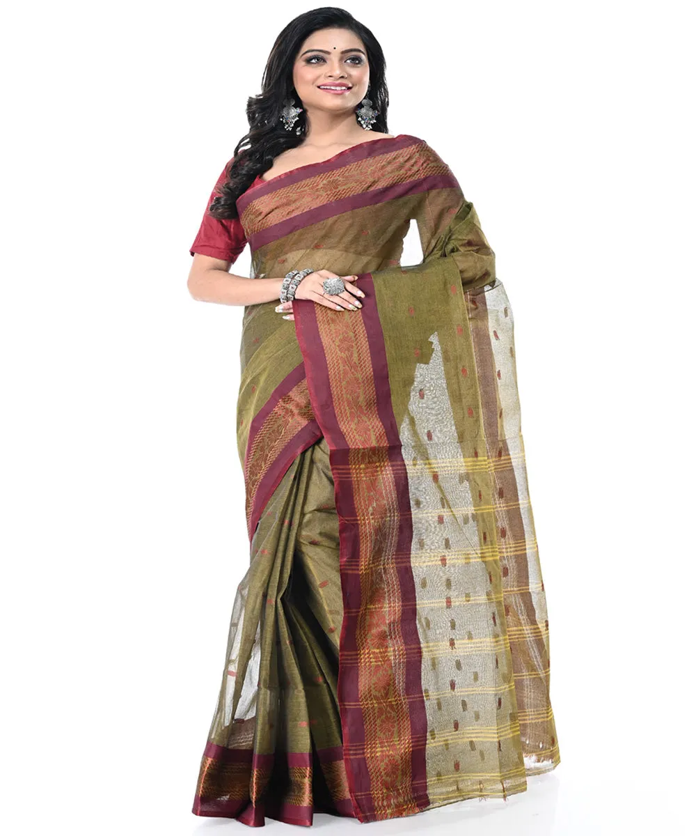 Olive green maroon handwoven cotton tangail saree