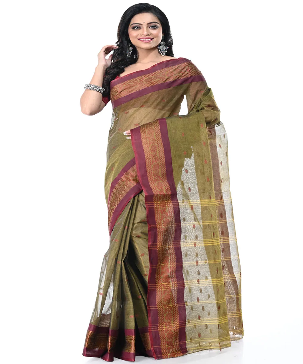 Olive green maroon handwoven cotton tangail saree