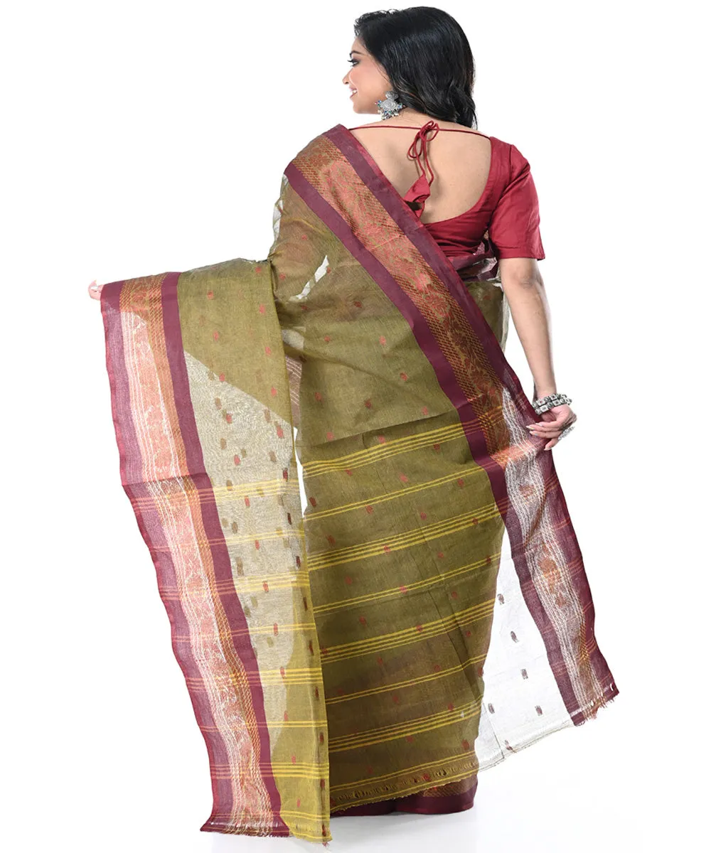 Olive green maroon handwoven cotton tangail saree