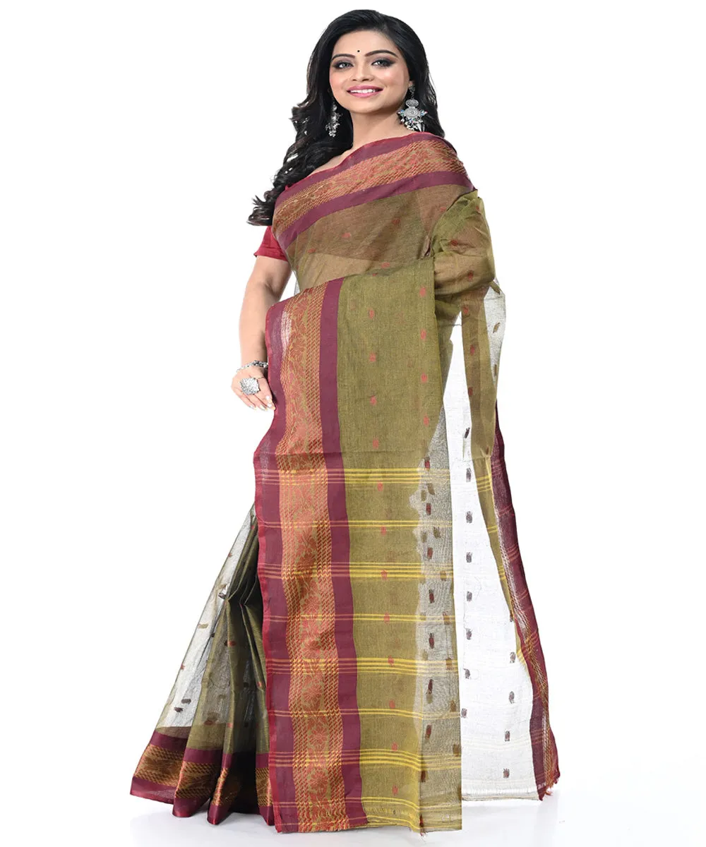 Olive green maroon handwoven cotton tangail saree