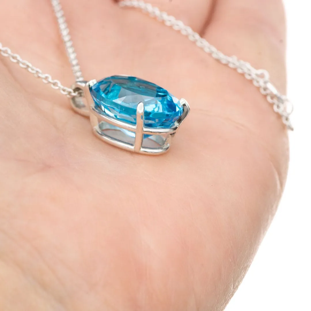 Oval Swiss Blue Topaz Sterling Silver Prong Set Gemstone Pendant Necklace, Ready to ship