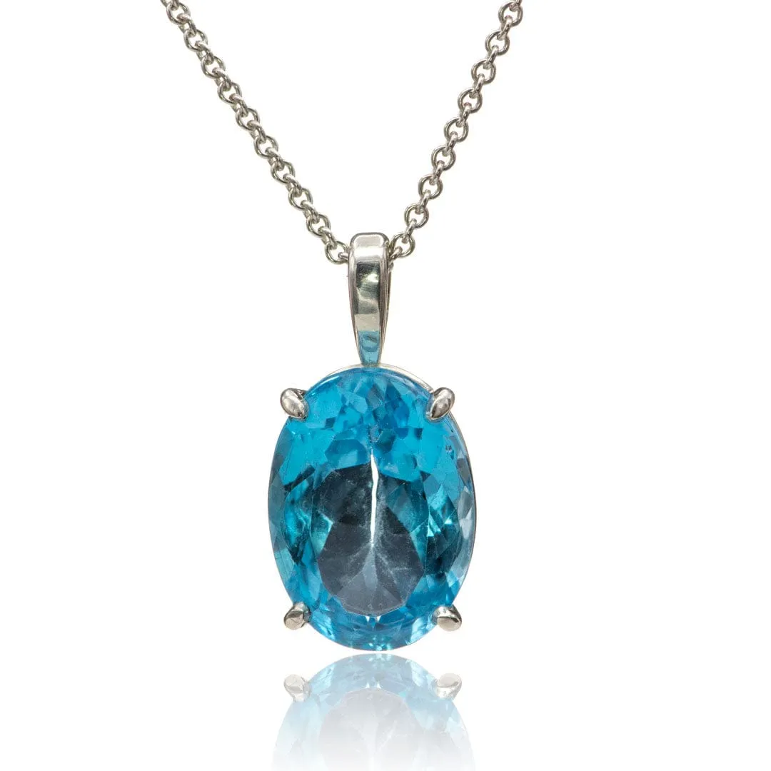 Oval Swiss Blue Topaz Sterling Silver Prong Set Gemstone Pendant Necklace, Ready to ship