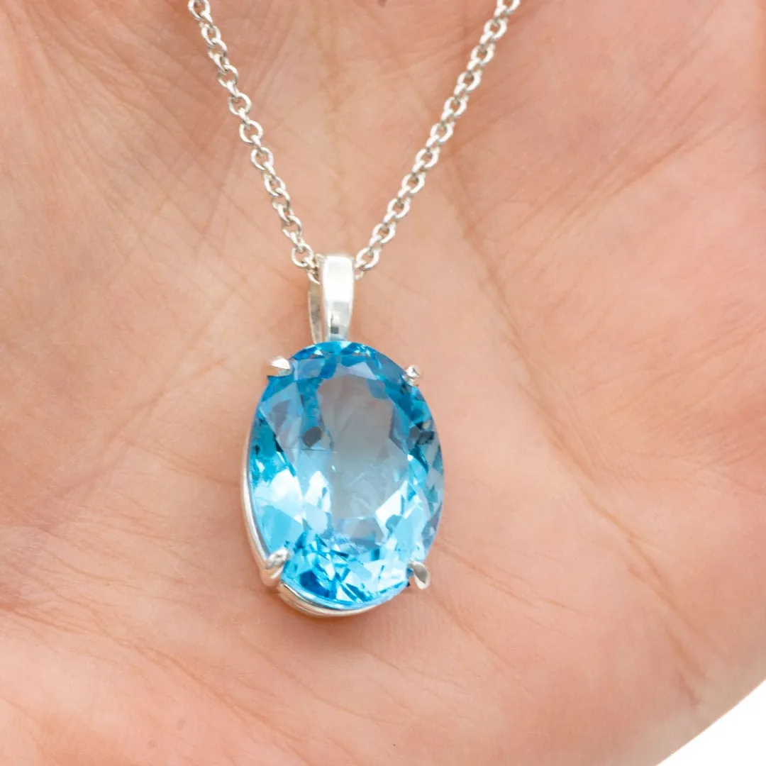 Oval Swiss Blue Topaz Sterling Silver Prong Set Gemstone Pendant Necklace, Ready to ship