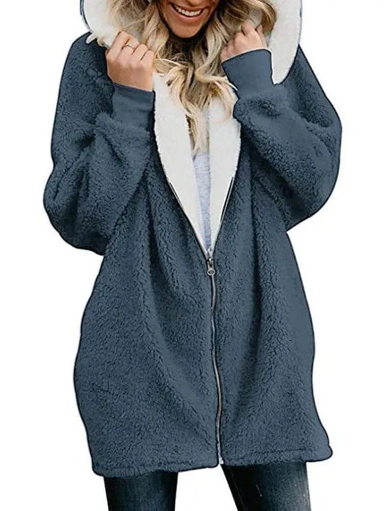 Oversized Sherpa Fleece Zipper for Women with Long Sleeves and Fleece Lining