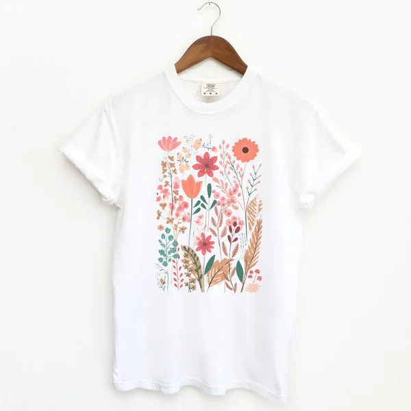 Pastel Wildflowers Garment Dyed Tee in 4 Colors S-2XL