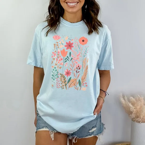 Pastel Wildflowers Garment Dyed Tee in 4 Colors S-2XL