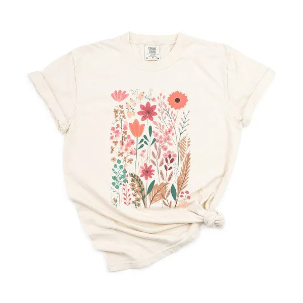 Pastel Wildflowers Garment Dyed Tee in 4 Colors S-2XL