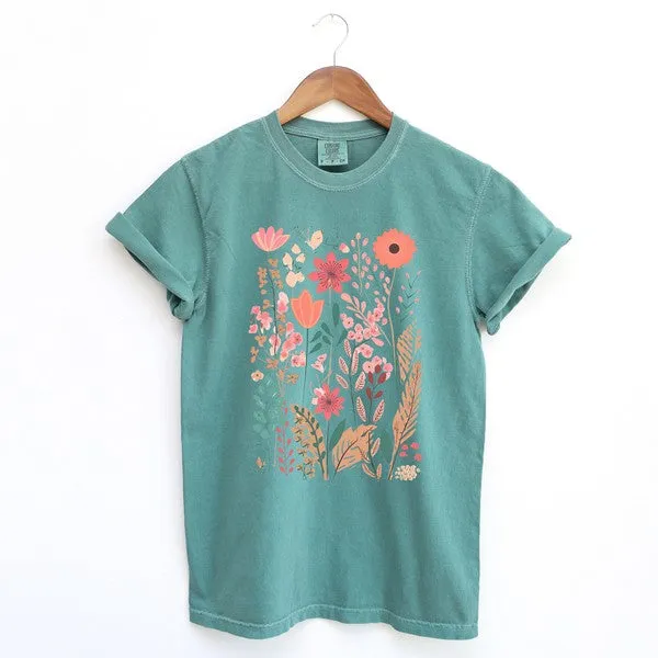 Pastel Wildflowers Garment Dyed Tee in 4 Colors S-2XL