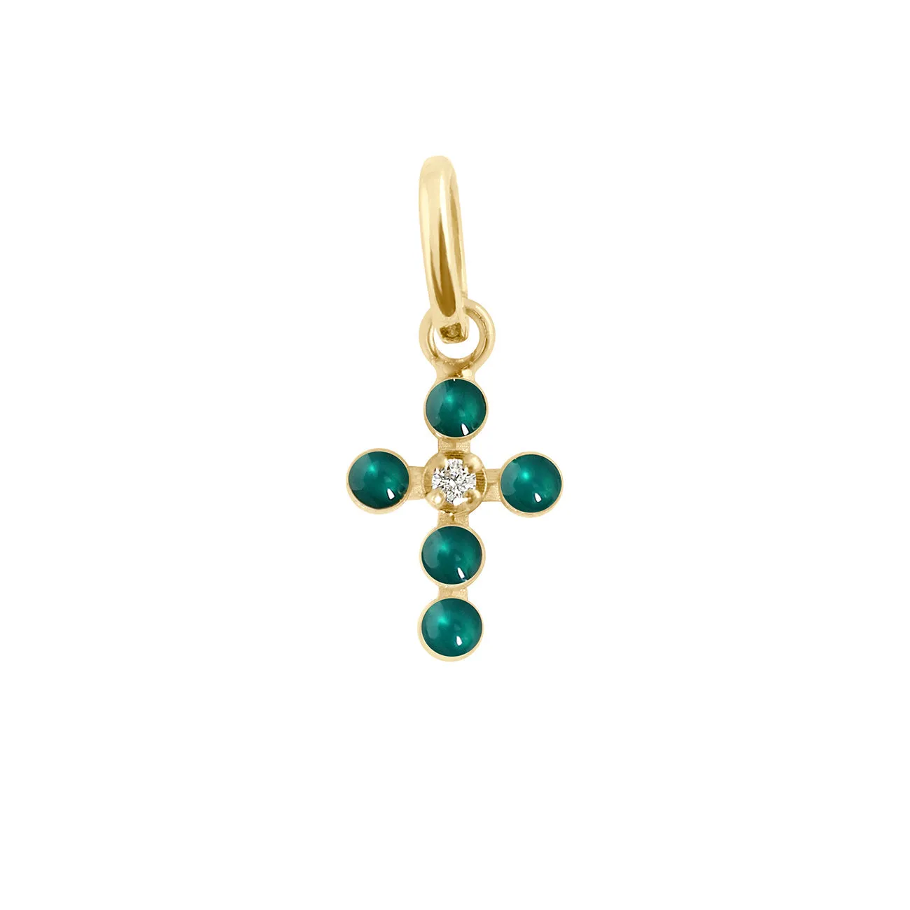 Pearled Cross Diamond Pendant, Emerald, Yellow Gold