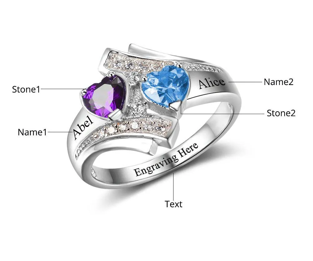 Personalized 2 Stone Vintage Look Heart Birthstones Mothers Ring