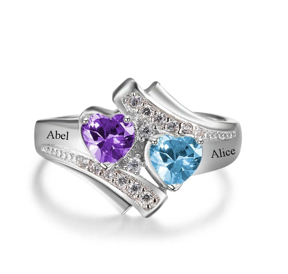 Personalized 2 Stone Vintage Look Heart Birthstones Mothers Ring