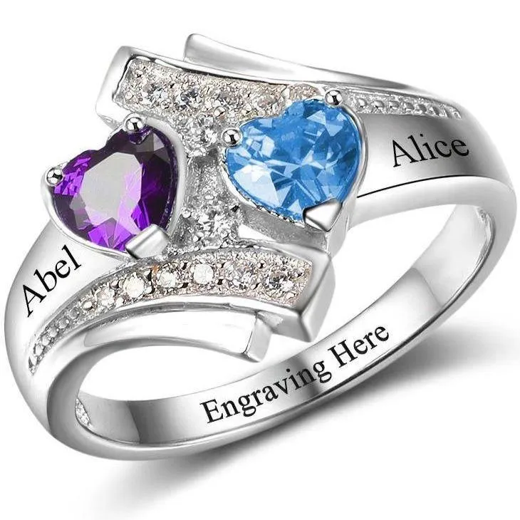 Personalized 2 Stone Vintage Look Heart Birthstones Mothers Ring