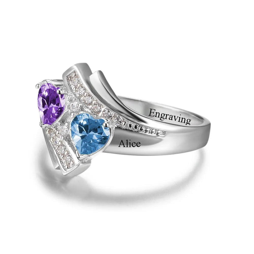 Personalized 2 Stone Vintage Look Heart Birthstones Mothers Ring