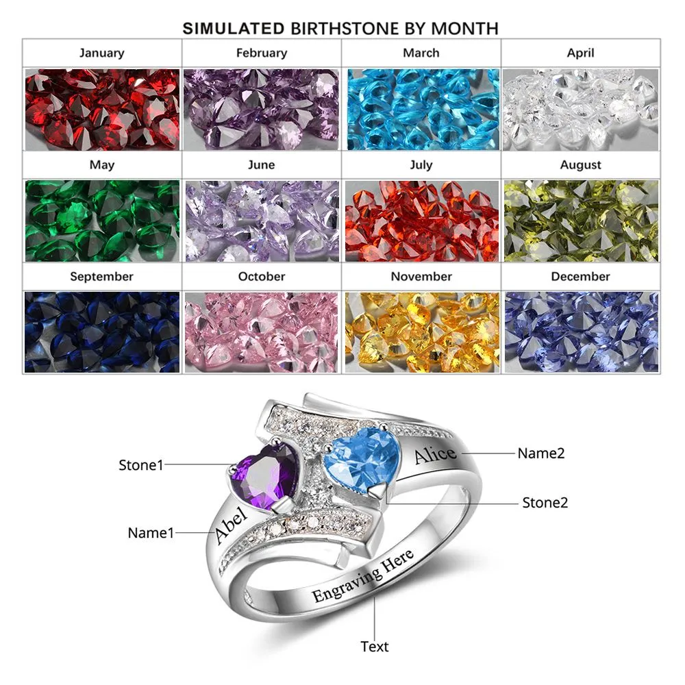 Personalized 2 Stone Vintage Look Heart Birthstones Mothers Ring