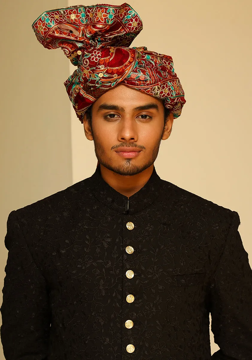 Premium Georgette Black Sherwani with Maroon Turban