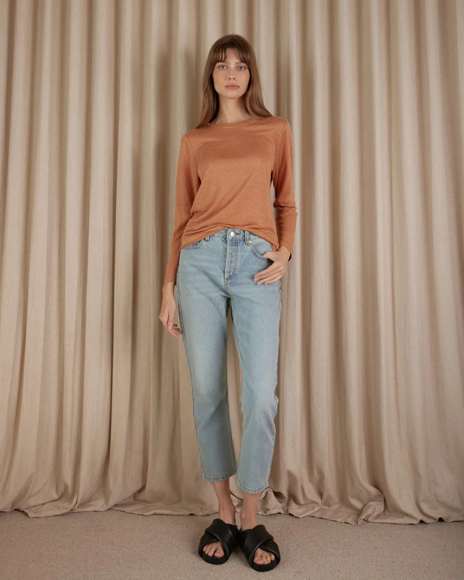 Priya Long Sleeve Linen Jersey Top - Rust