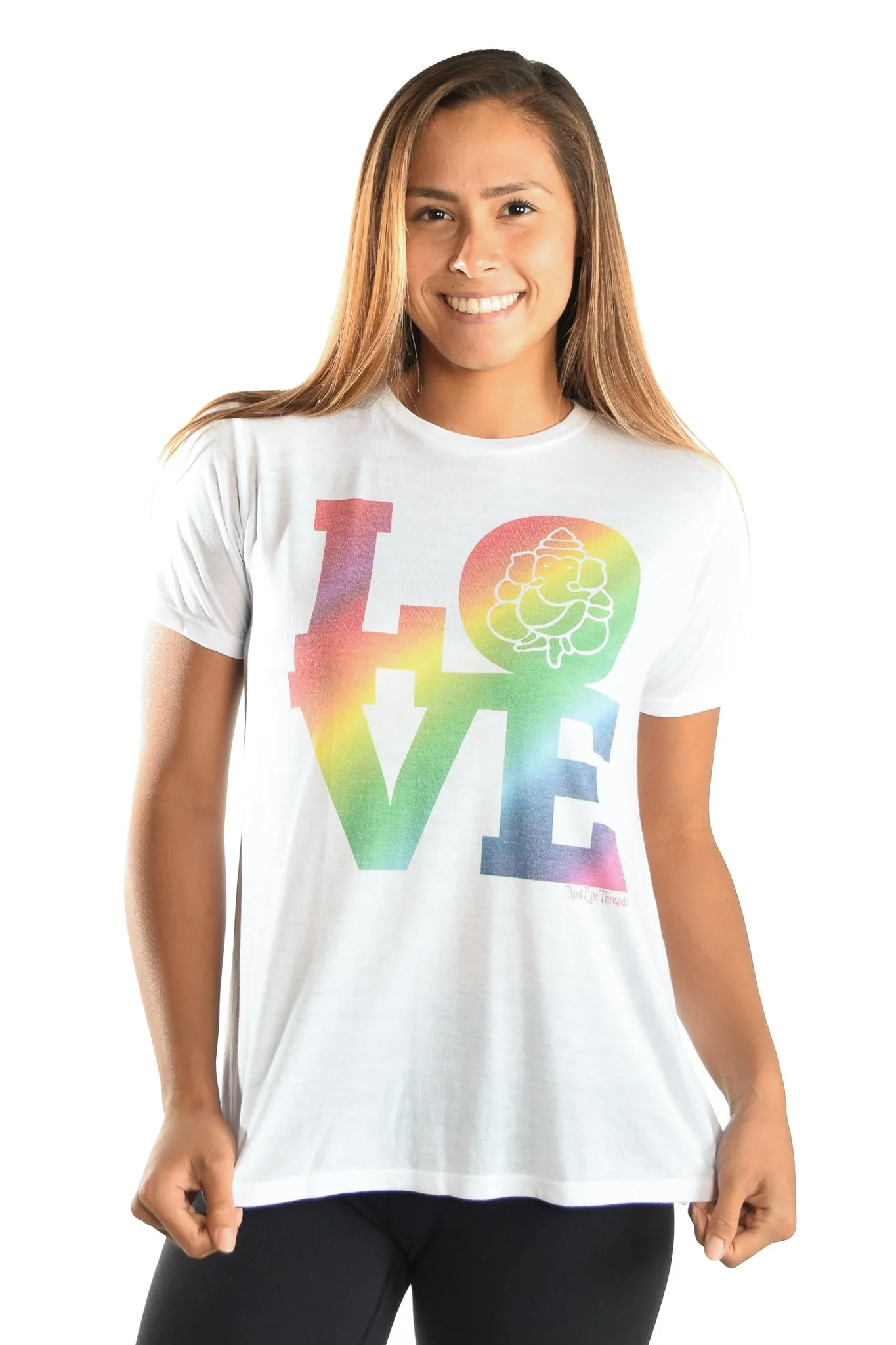 RAINBOW LOVE GANESH ON WOMEN'S WHITE SHORT SLEEVE SHIRRED BACK TEE