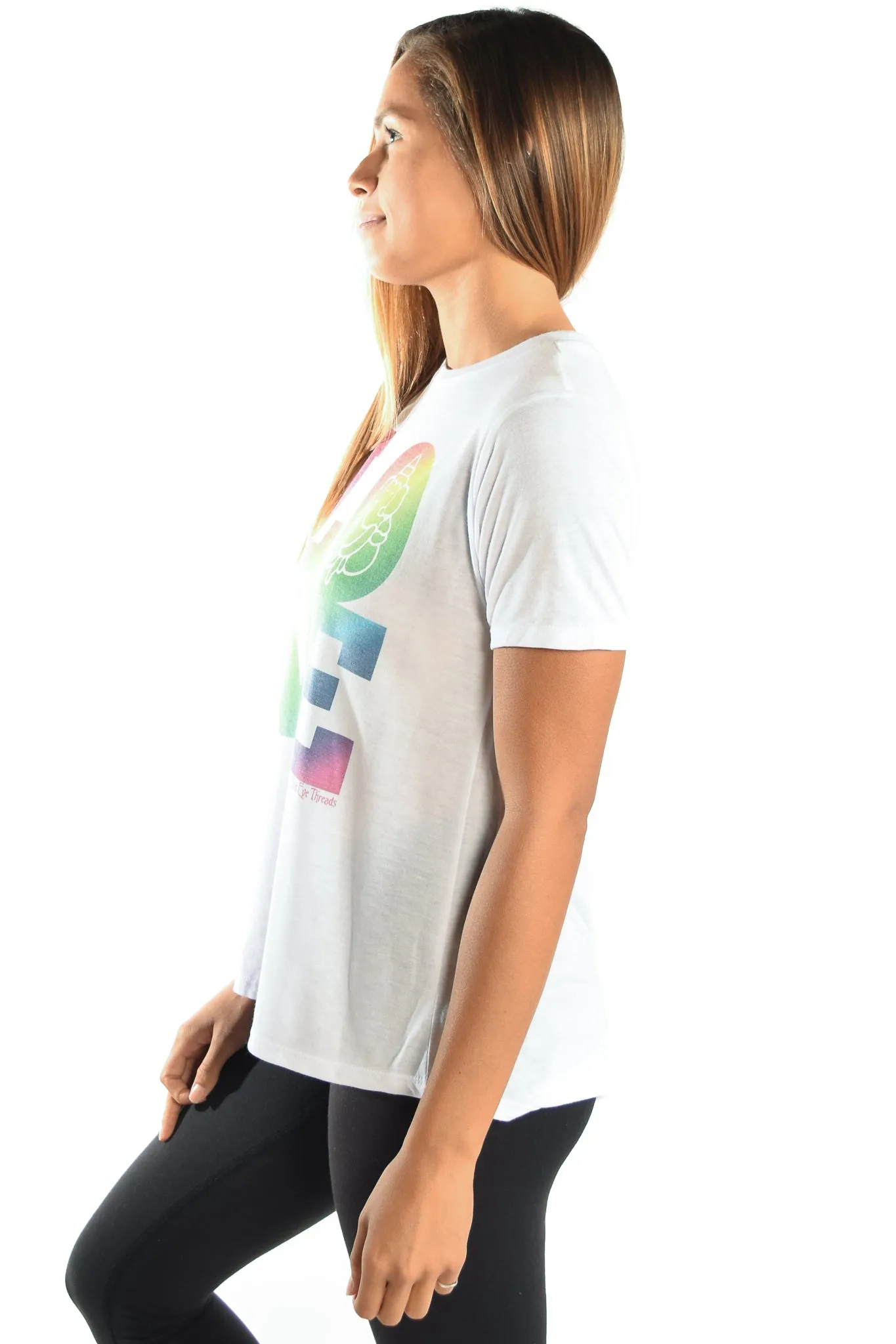 RAINBOW LOVE GANESH ON WOMEN'S WHITE SHORT SLEEVE SHIRRED BACK TEE