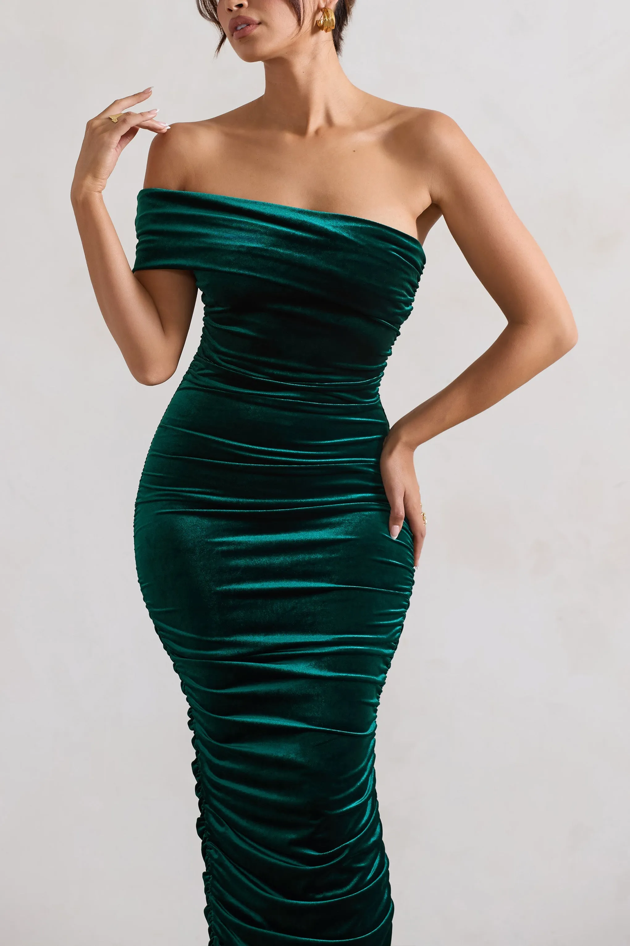 Remember Me | Bottle Green Velvet One Shoulder Midi Dress