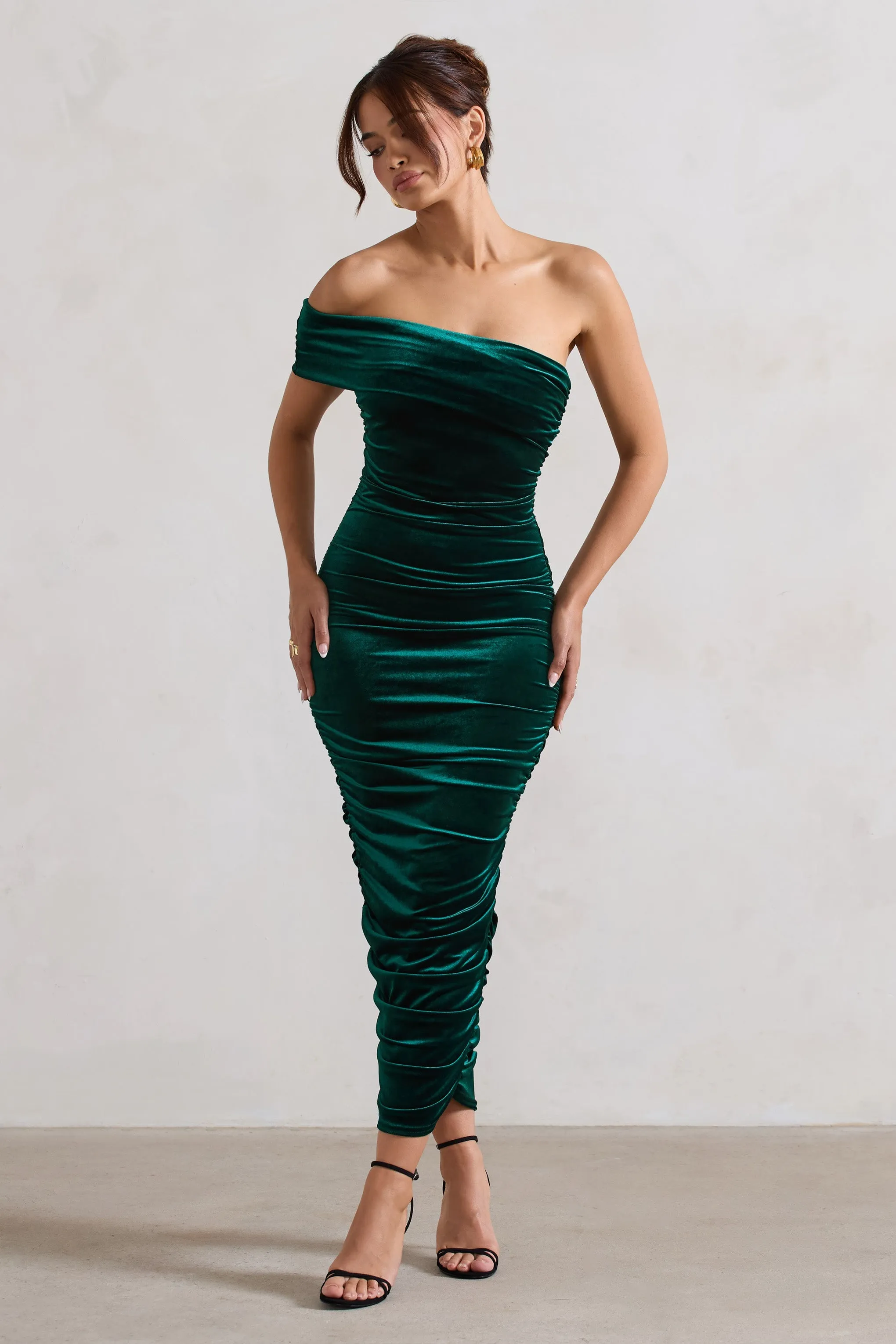 Remember Me | Bottle Green Velvet One Shoulder Midi Dress