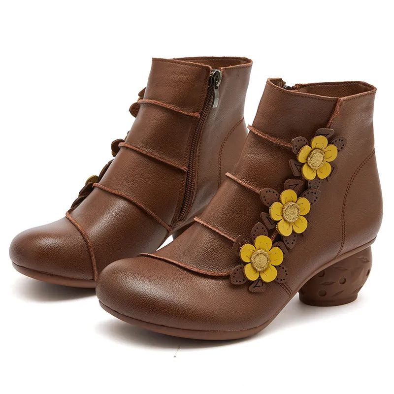 Retro Flowers Leather Casual Wedge Boots