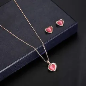 Rose Gold Heart Shape Stud Earring Necklace Set