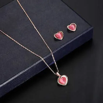 Rose Gold Heart Shape Stud Earring Necklace Set