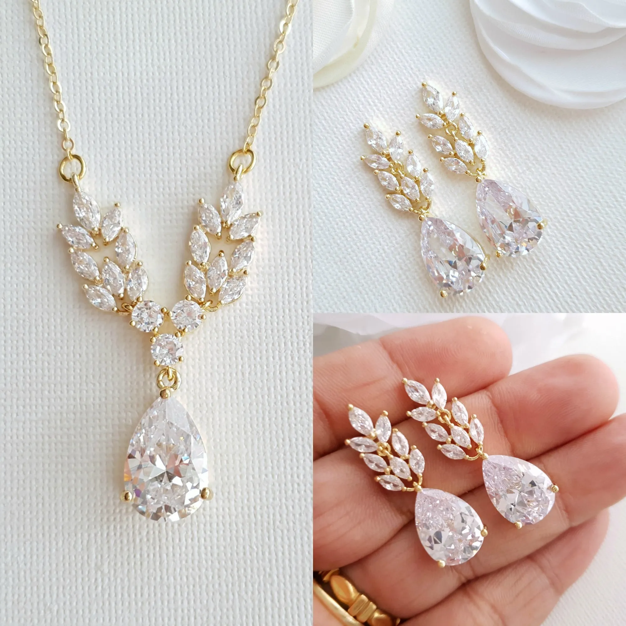 Rose Gold Leaf Necklace Earrings Wedding Set- Willow