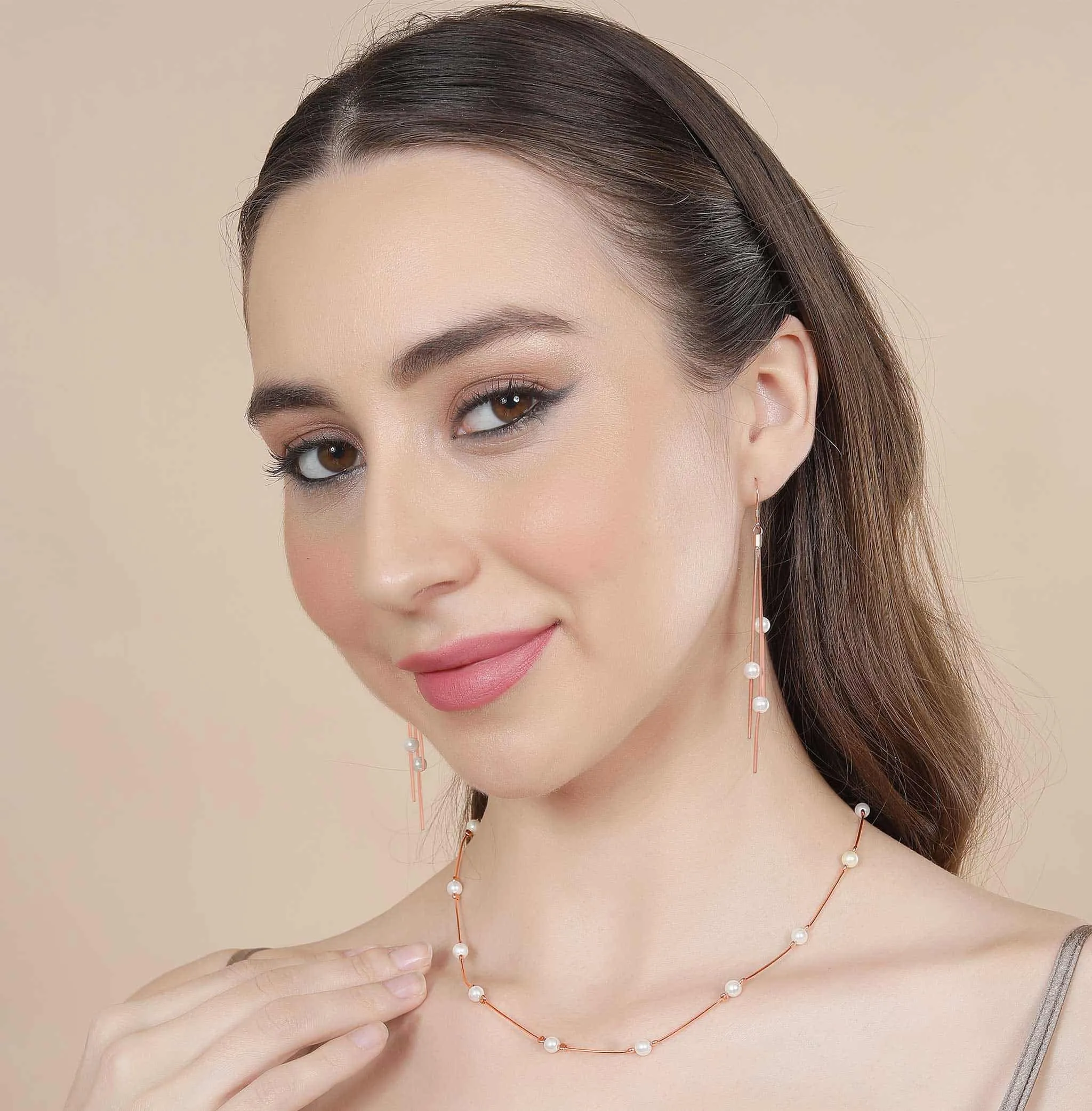 Rose Gold Plated Pearl-Studded Silver Pendant set