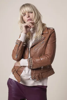 SABATINI STUDDED LEATHER MOTO JACKET COGNAC