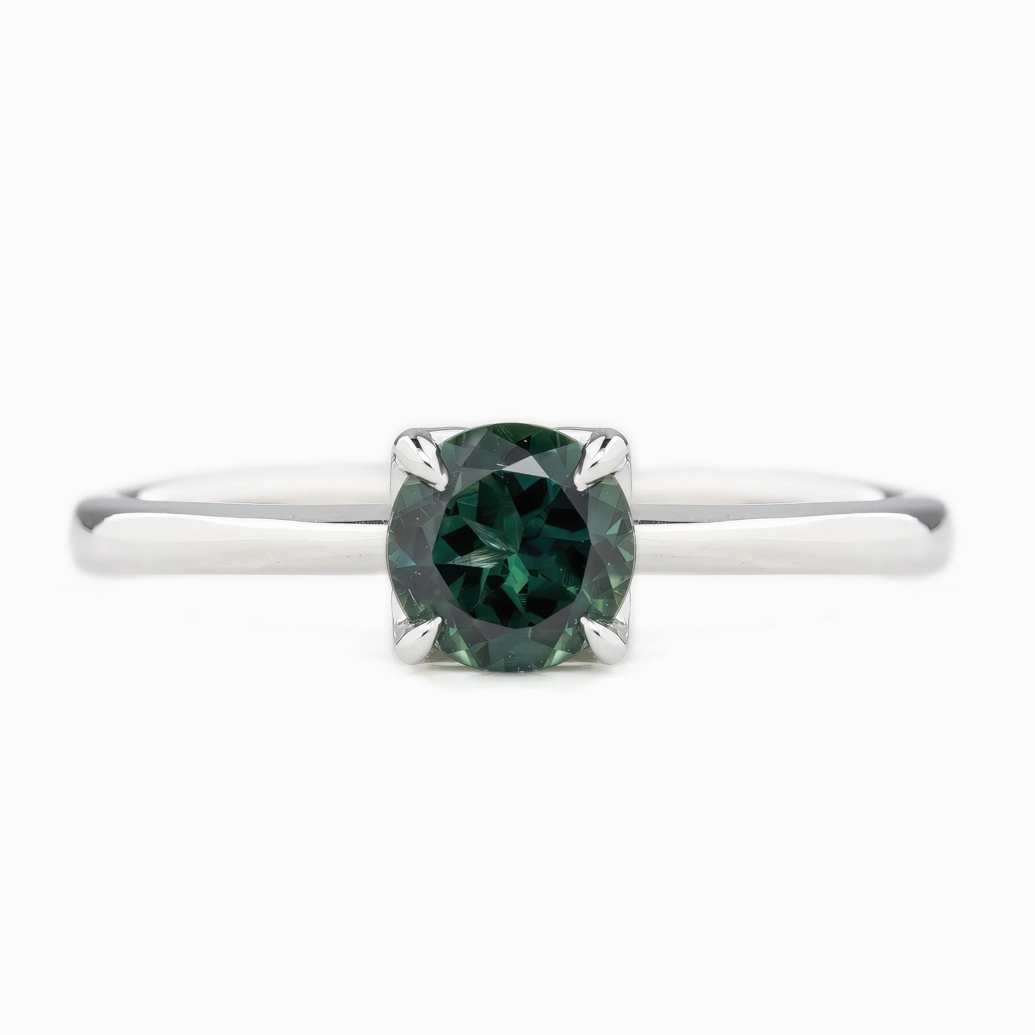 Sara Ring 0.82ct Teal Blue Green Round Queensland Sapphire, 14k White Gold (One of a kind)