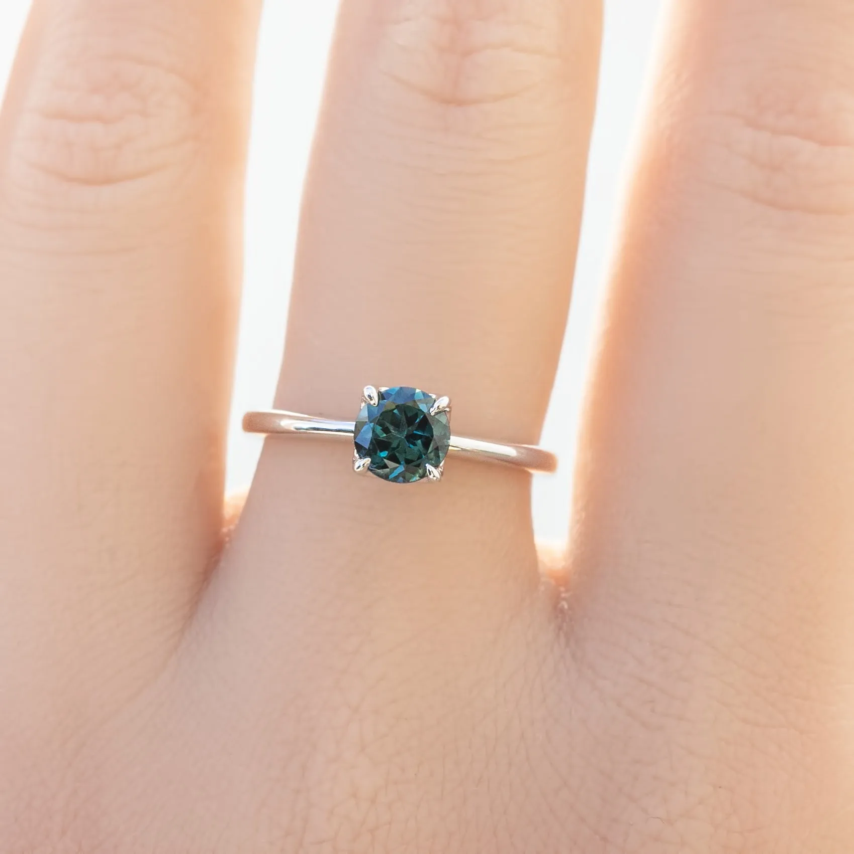 Sara Ring 0.82ct Teal Blue Green Round Queensland Sapphire, 14k White Gold (One of a kind)