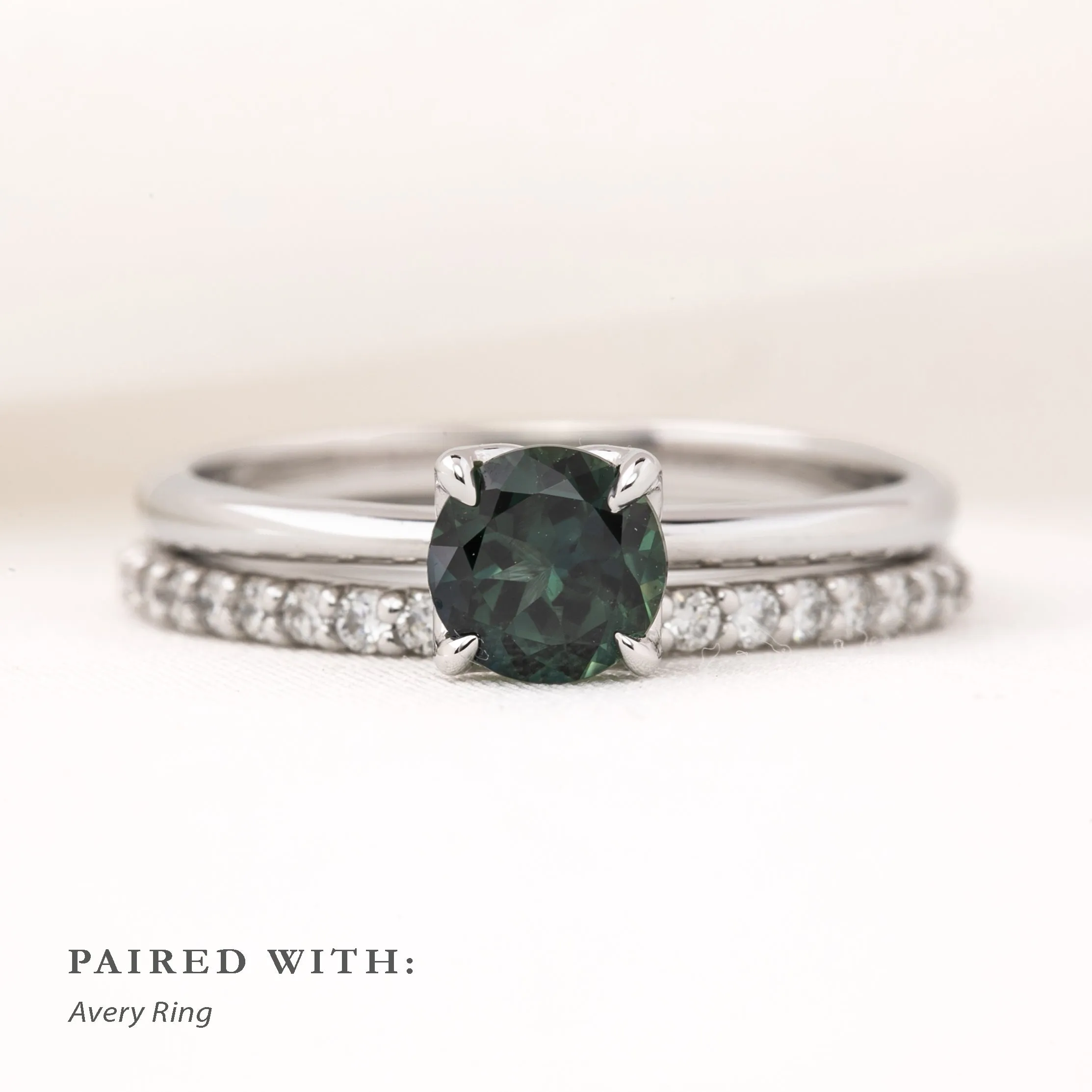 Sara Ring 0.82ct Teal Blue Green Round Queensland Sapphire, 14k White Gold (One of a kind)