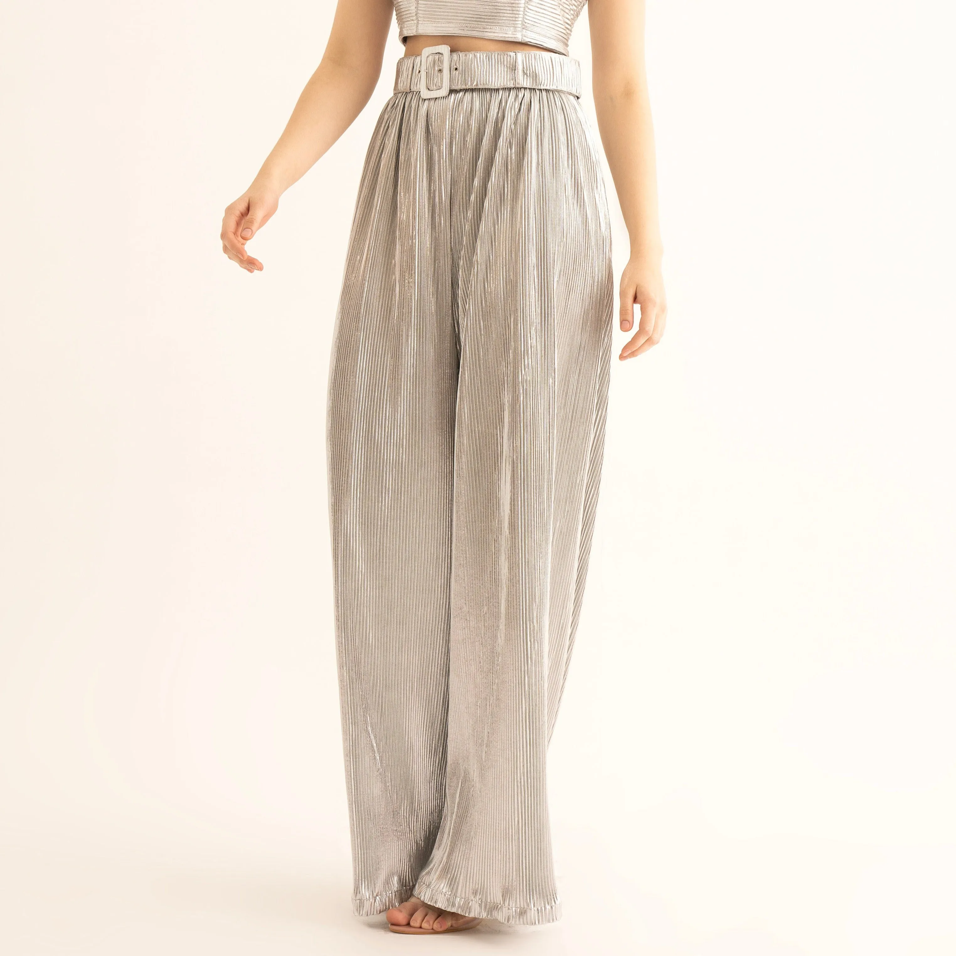 Silver Pleated Belted Pants