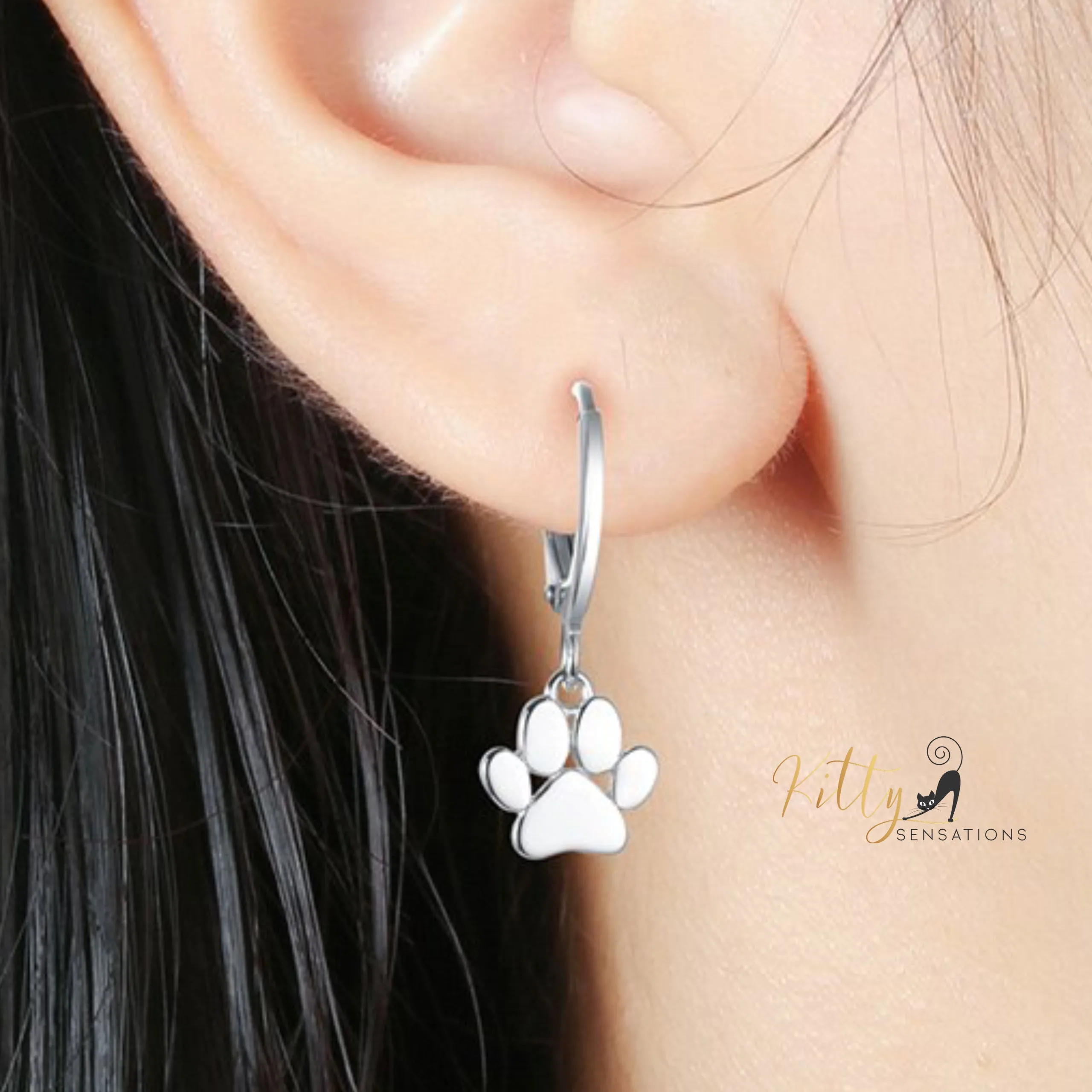 Solid Drop Paw Cat Hoop Earrings in Solid 925 Sterling Silver